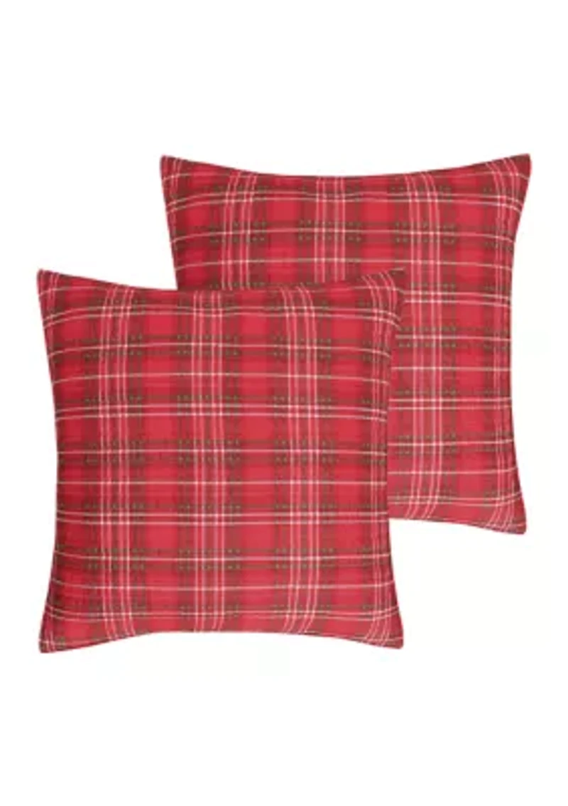 Yuletide Euro Sham Set of Two Quilted Plaid - Red, Green, Cream - Cotton