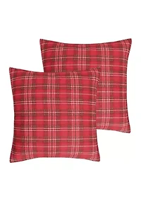 Yuletide Euro Sham Set of Two Quilted Plaid - Red, Green, Cream - Cotton
