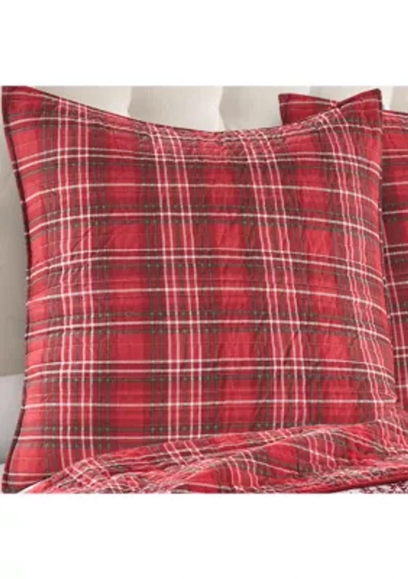 Yuletide Euro Sham Set of Two Quilted Plaid - Red, Green, Cream - Cotton