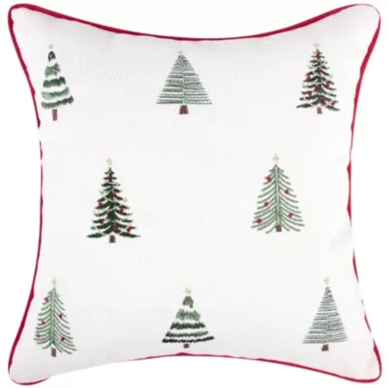 Patchwork Pine Embroidered Trees Pillow 18x18