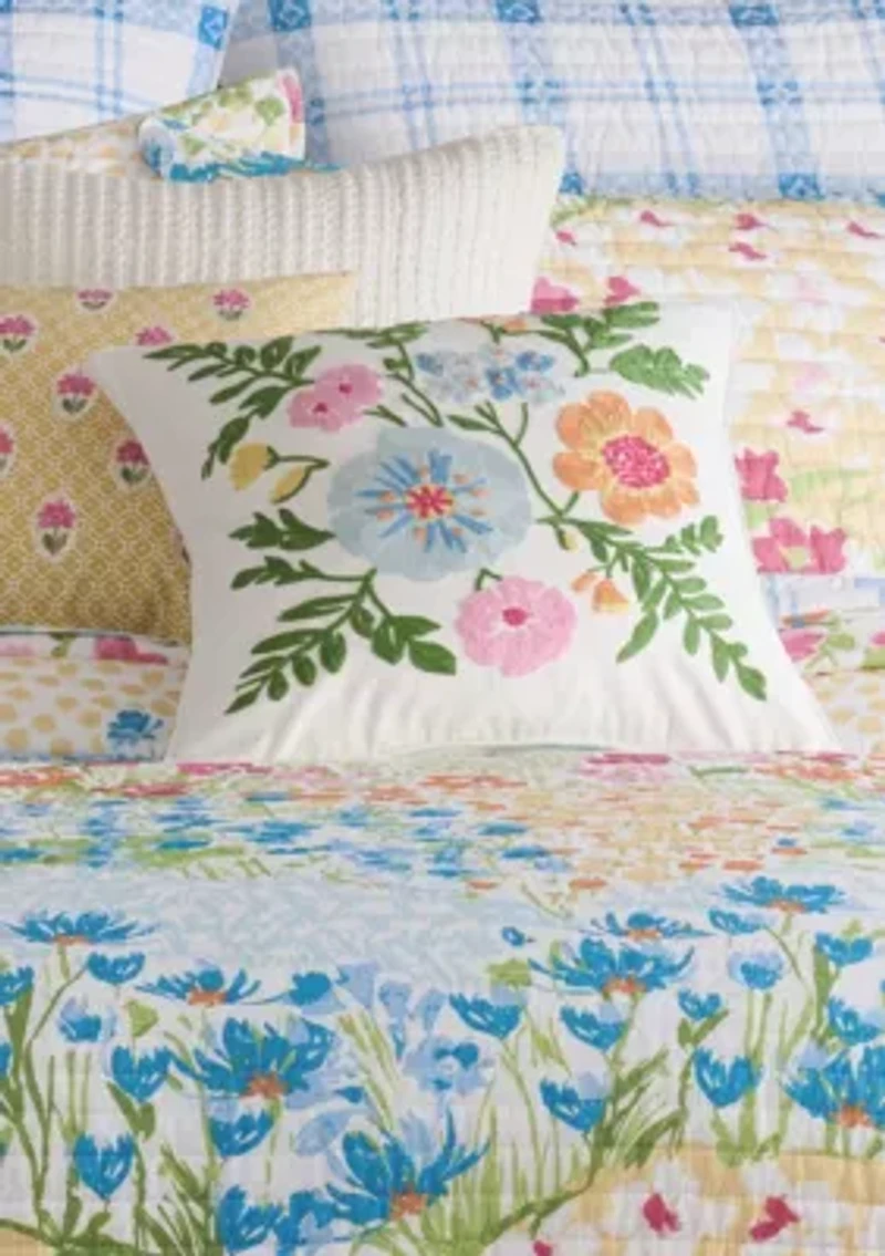 Blooming Hillside Embroidered Floral Pillow 18x18
