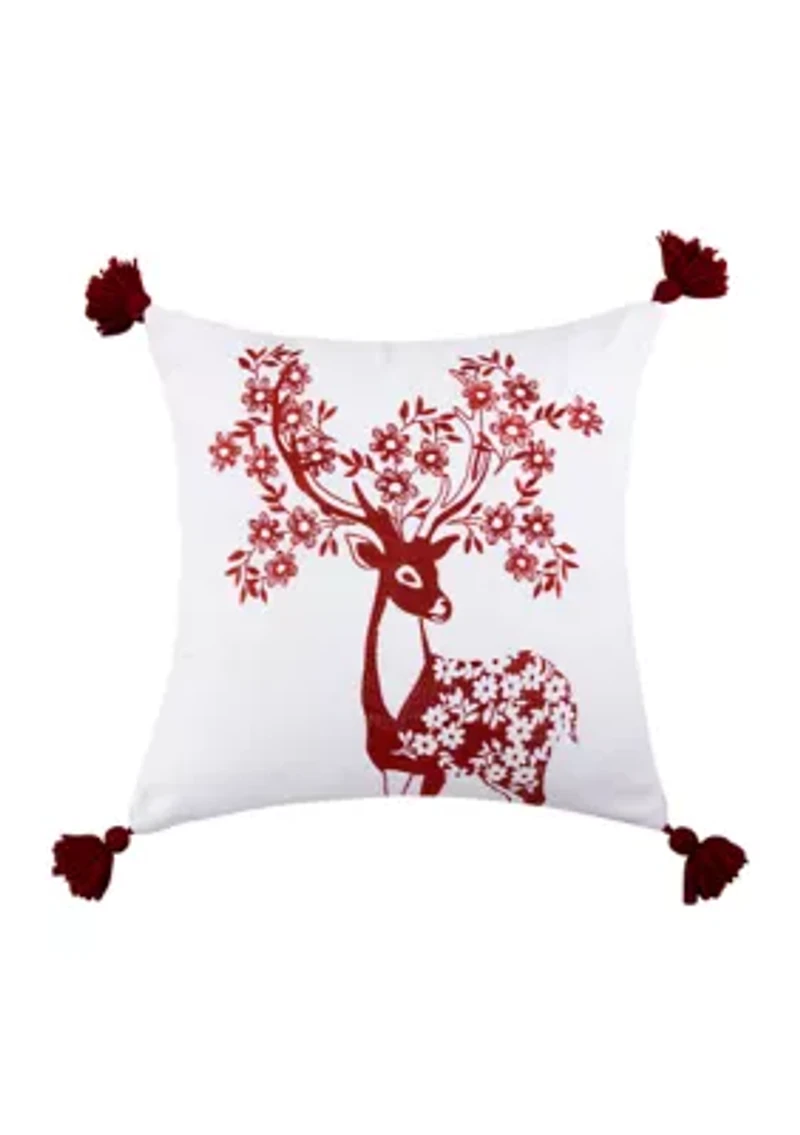 Sleigh Bells Red Deer Embroidered Pillow