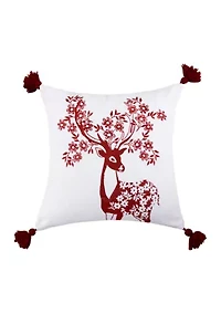 Sleigh Bells Red Deer Embroidered Pillow