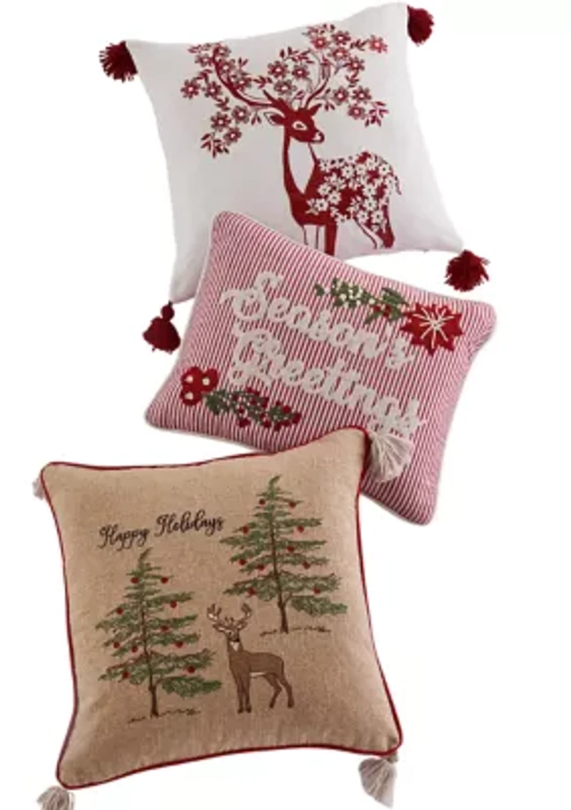 Sleigh Bells Red Deer Embroidered Pillow