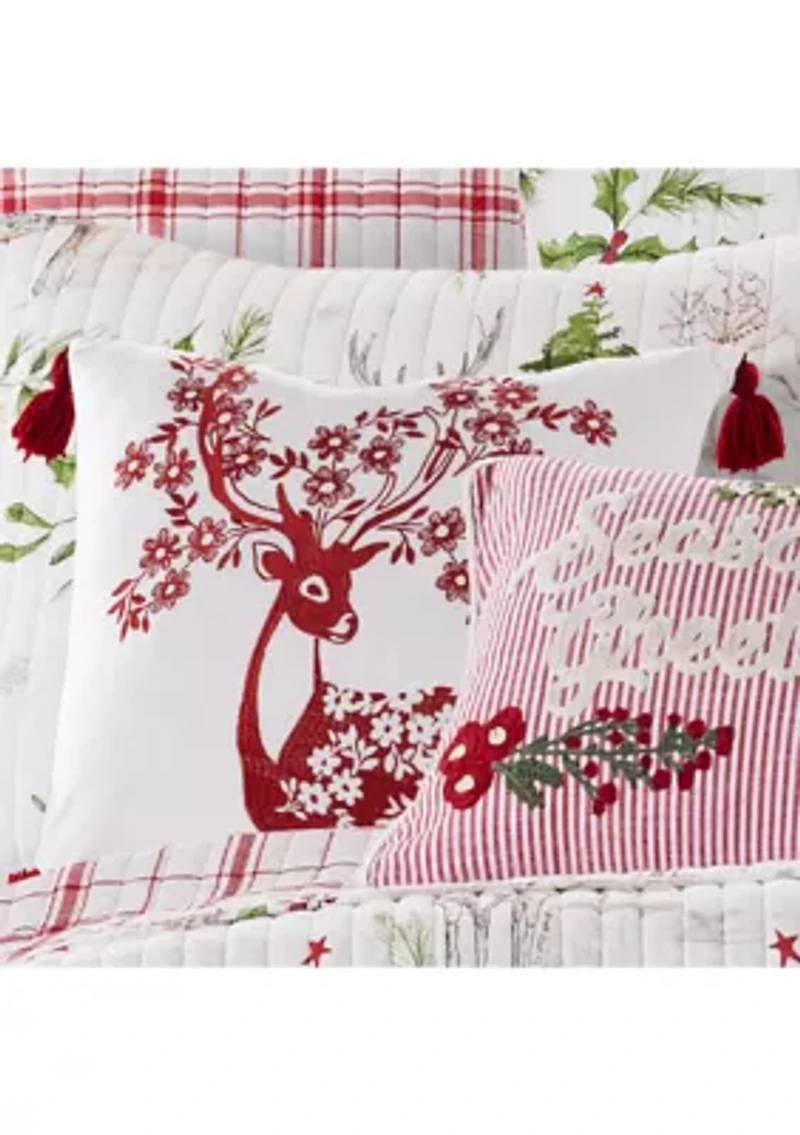 Sleigh Bells Red Deer Embroidered Pillow