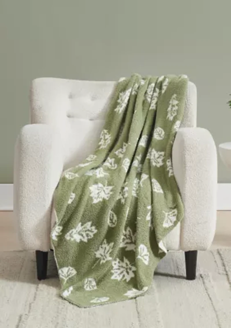 Green Leaf Print Cozy Knit Throw