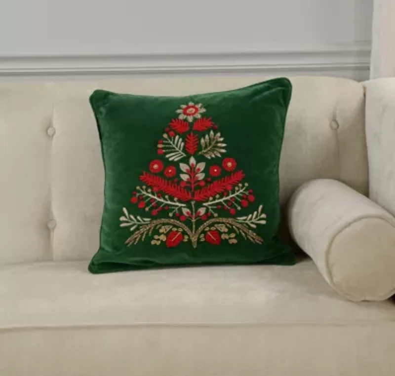Green Floral Tree Motif 18X18 Poly Filled Holiday Pillow