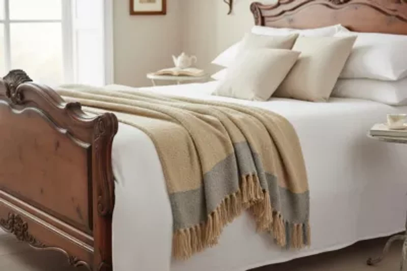 Tan Fringe Blue Border 50x60 Throw Blanket