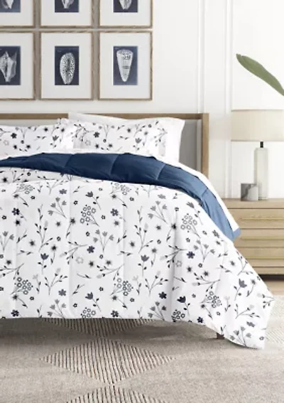 Reversible  Patterned Forget Me Not Ultra Soft Microfiber Down-Alternative Comforter Set