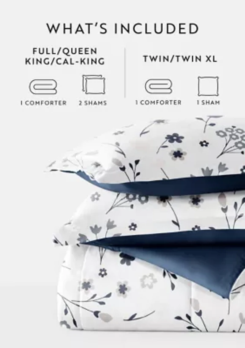 Reversible  Patterned Forget Me Not Ultra Soft Microfiber Down-Alternative Comforter Set