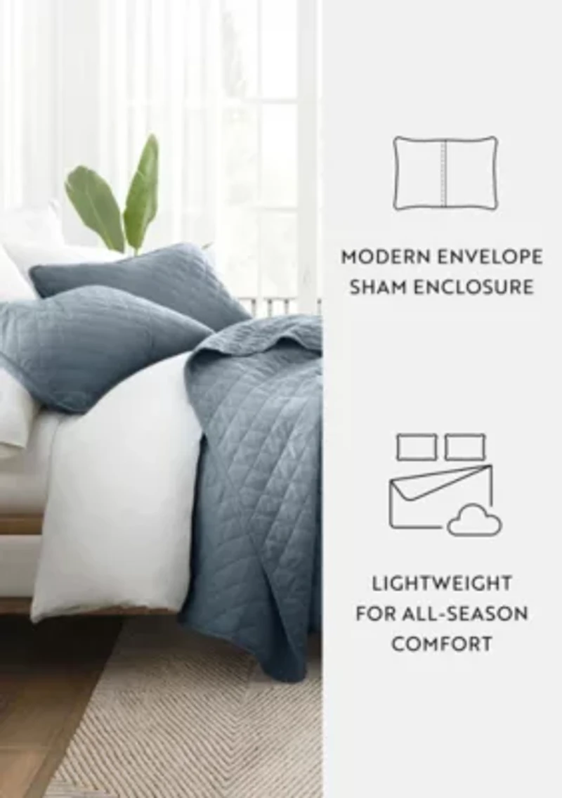 Ultra Soft Microfiber Diamond Stitch All Season Quilt Coverlet Set with Shams