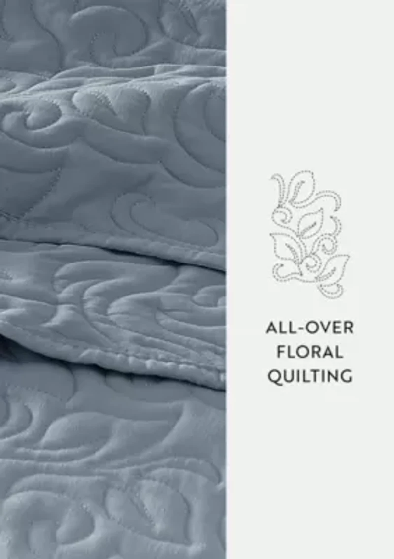 Ultra Soft Microfiber Floral Stitch All Season Quilt Coverlet Set with Shams
