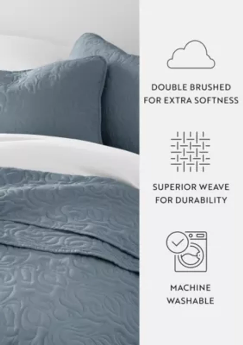 Ultra Soft Microfiber Floral Stitch All Season Quilt Coverlet Set with Shams