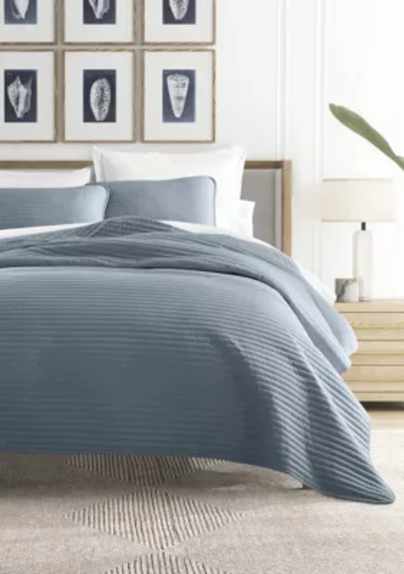 Ultra Soft Microfiber Stripe Stitch All Season Quilt Coverlet Set with Shams