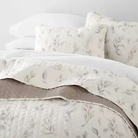 Ultra Soft Microfiber Reversible Watercolor Leaves/Stripe All Season Quilt Set with Shams
