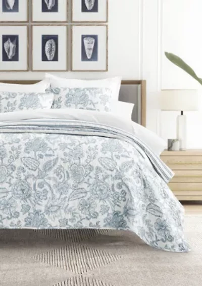 Ultra Soft Microfiber Reversible Jacobean/Stripe All Season Quilt Set with Shams