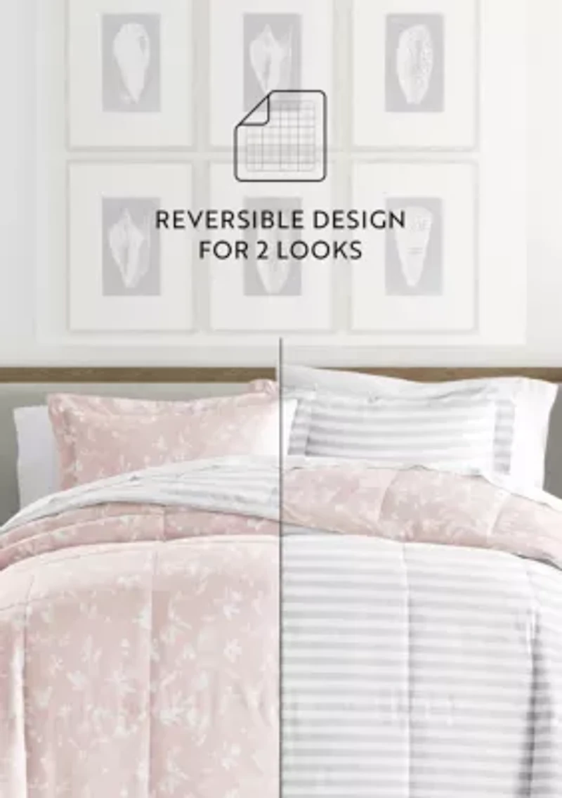 Reversible Pressed Botanicals Patterned Ultra Soft Microfiber Down-Alternative Comforter Set