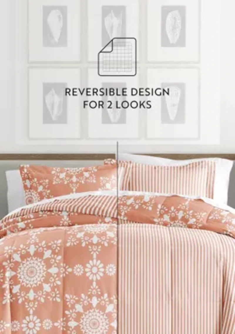 Reversible Daisy Medallion Patterned Microfiber Ultra Soft Down-Alternative Comforter Set