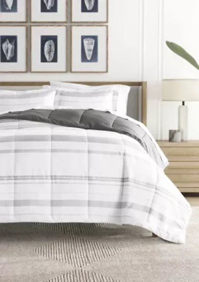 Reversible Stitched Stripe Patterned Ultra Soft Microfiber Down-Alternative Comforter Set
