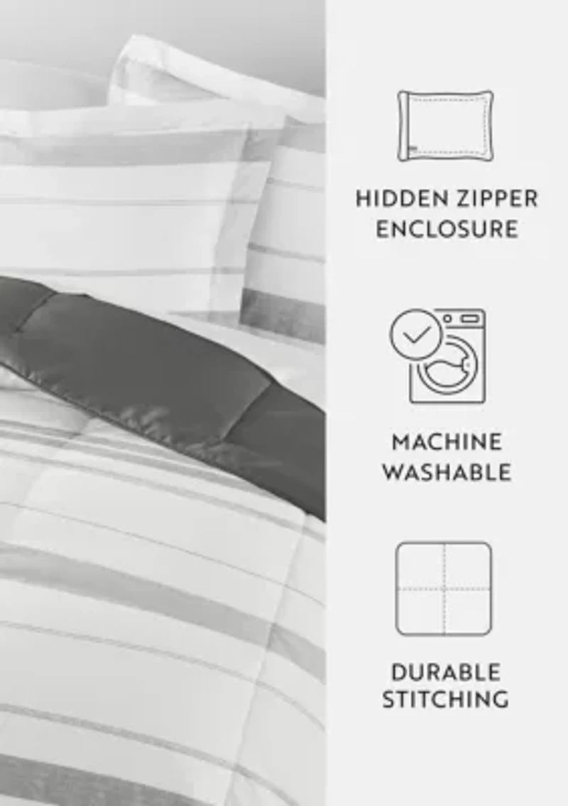 Reversible Stitched Stripe Patterned Ultra Soft Microfiber Down-Alternative Comforter Set