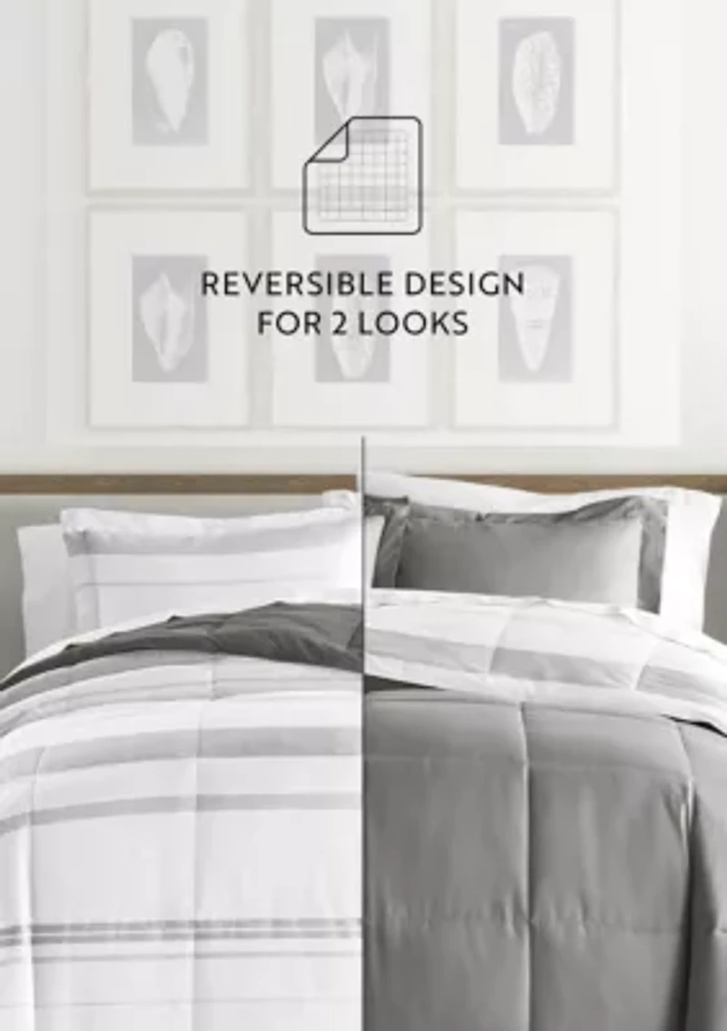 Reversible Stitched Stripe Patterned Ultra Soft Microfiber Down-Alternative Comforter Set