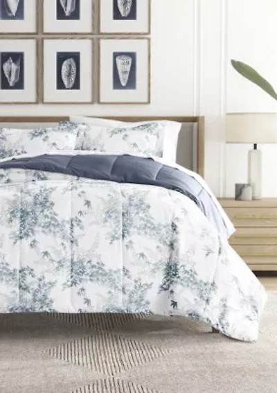 Reversible Bamboo Leaves Patterned Ultra Soft Microfiber Down-Alternative Comforter Set