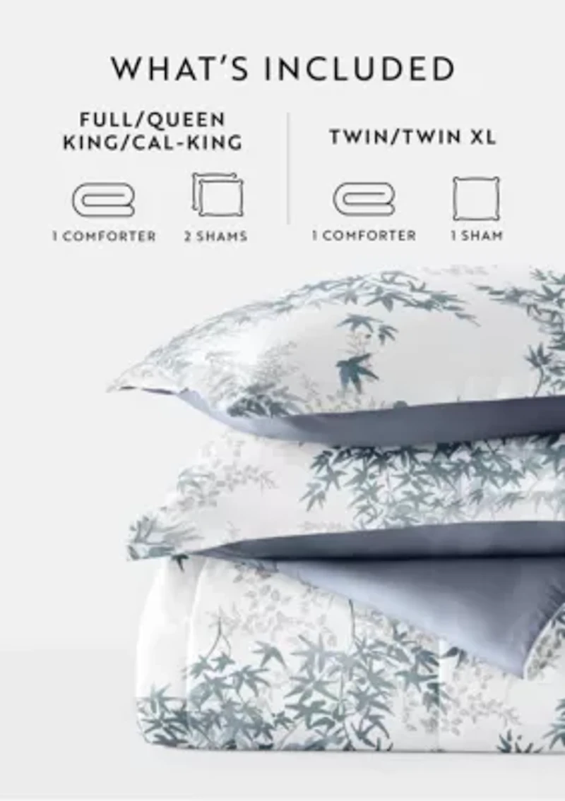 Reversible Bamboo Leaves Patterned Ultra Soft Microfiber Down-Alternative Comforter Set