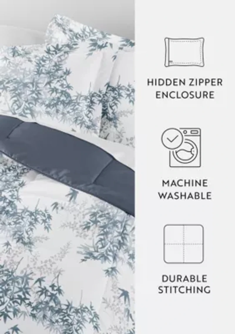 Reversible Bamboo Leaves Patterned Ultra Soft Microfiber Down-Alternative Comforter Set