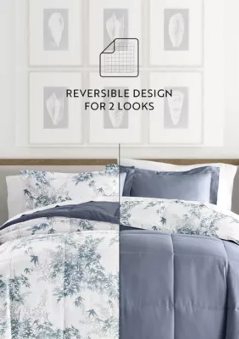 Reversible Bamboo Leaves Patterned Ultra Soft Microfiber Down-Alternative Comforter Set