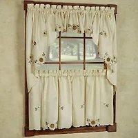 Sunflower Cream Embroidered Kitchen Curtains - 24" Tier & Valance Set