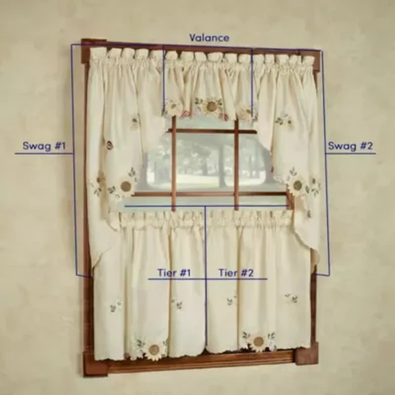 Sunflower Cream Embroidered Kitchen Curtains - 24" Tier & Valance Set