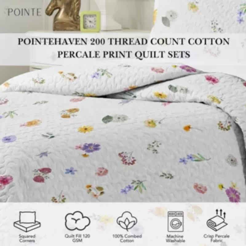 Pointehaven 200 Thread Count Cotton Percale Print Quilt Sets