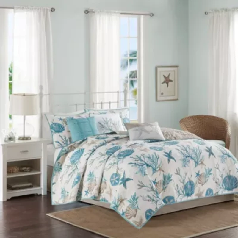 Pebble Beach 6 Piece Cotton Sateen Quilt Set with Throw Pillows