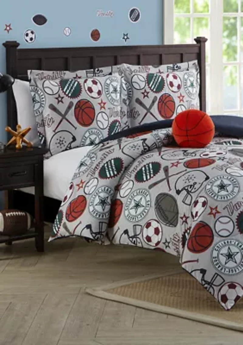 League Sports Gray Comforter Set with Basket Ball Pillow and Themed Wall Decals