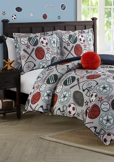 League Sports Gray Comforter Set with Basket Ball Pillow and Themed Wall Decals