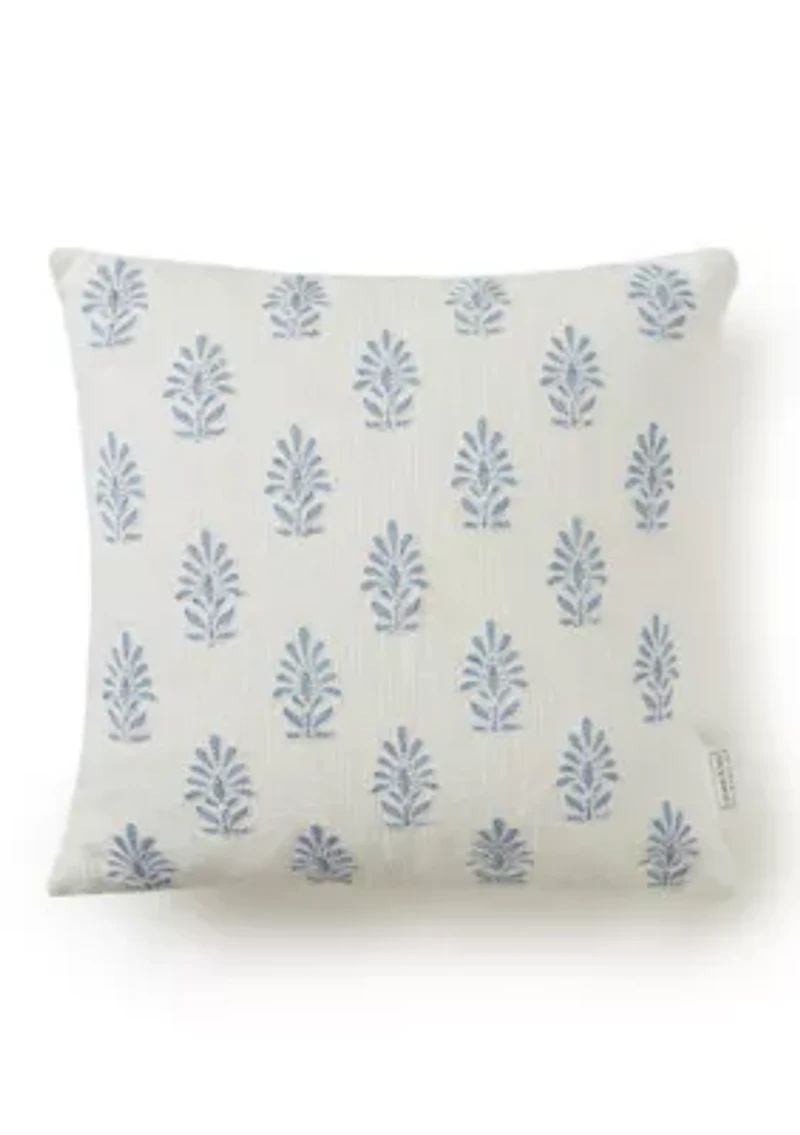 Embroidered White and Blue Pillow