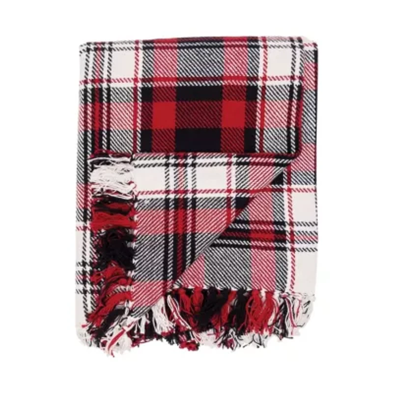 50" x 60" Fireside Plaid Red & Black Woven Fringe Accent Throw