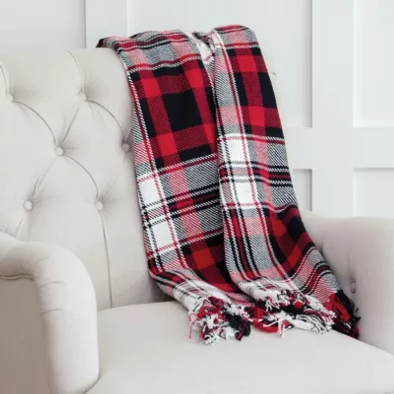 50" x 60" Fireside Plaid Red & Black Woven Fringe Accent Throw