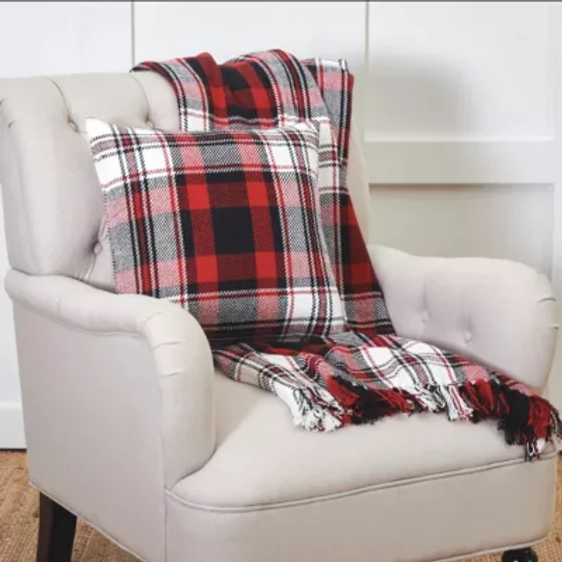 50" x 60" Fireside Plaid Red & Black Woven Fringe Accent Throw
