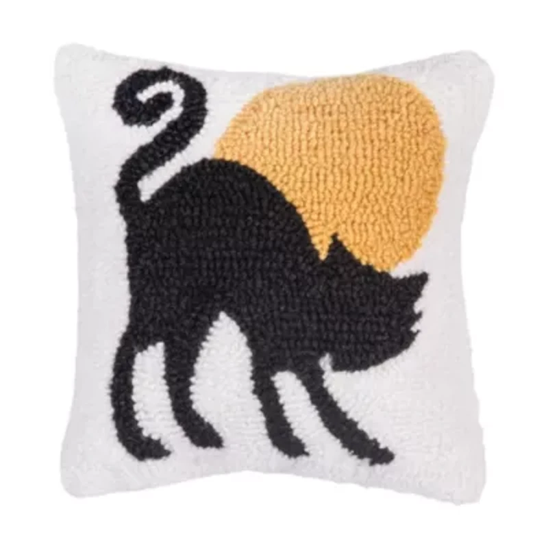10" x 10" Black Cat Moonlight Hooked Throw Pillow