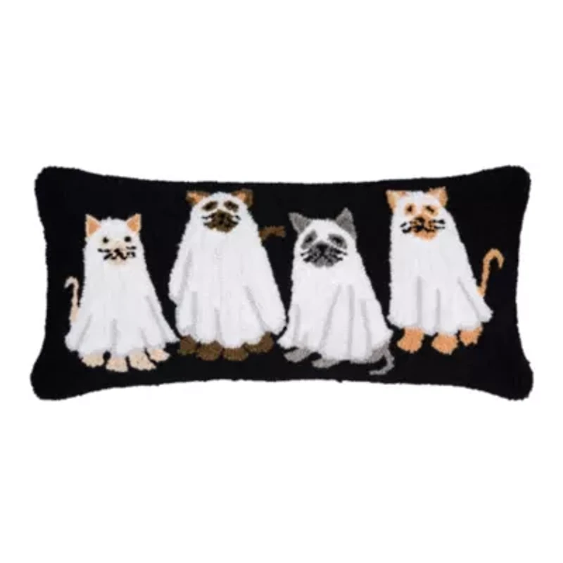 24" x 12" Ghost Cats Hooked Throw Pillow