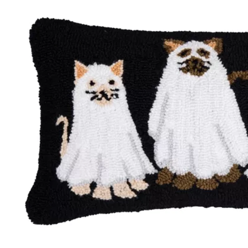 24" x 12" Ghost Cats Hooked Throw Pillow