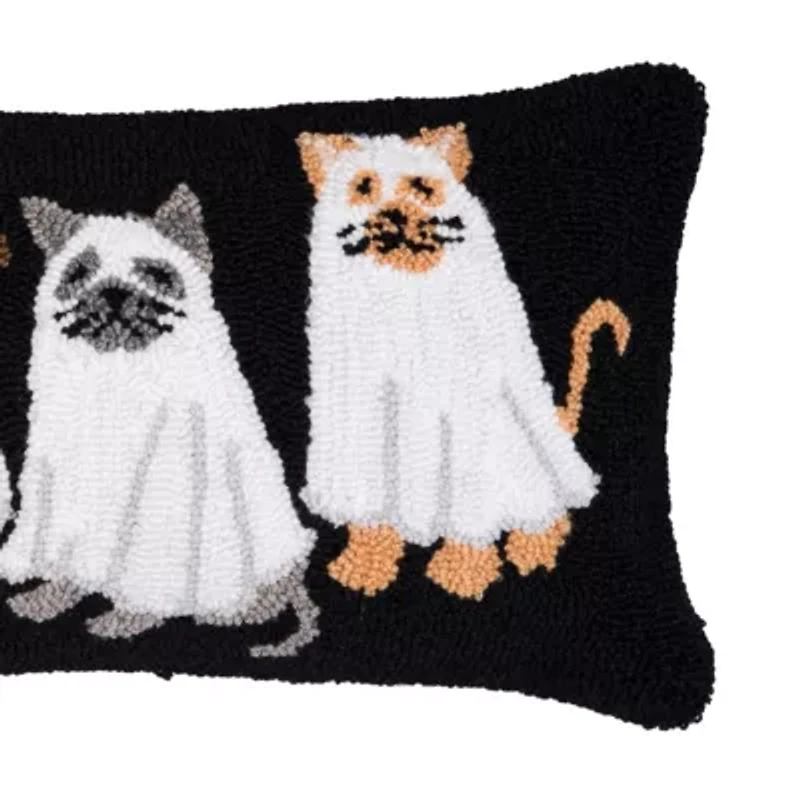 24" x 12" Ghost Cats Hooked Throw Pillow