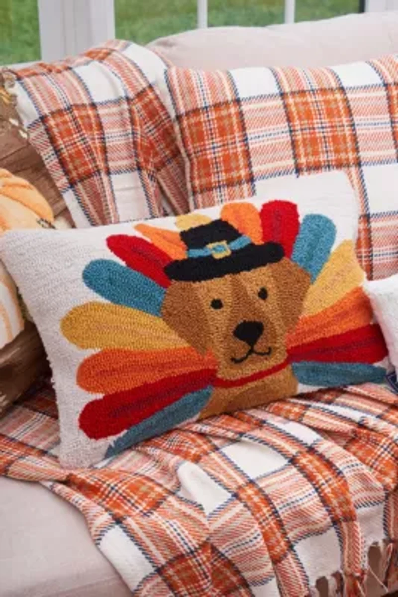 22" x 14" Turkey Dog Hooked Throw Pillow