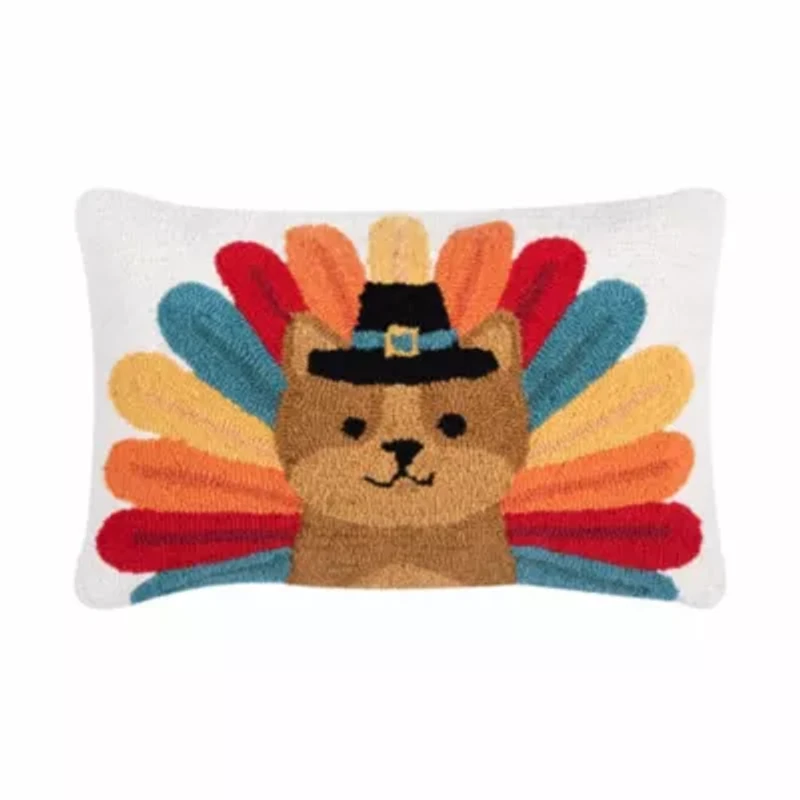 22" x 14" Turkey Cat Hooked Throw Pillow