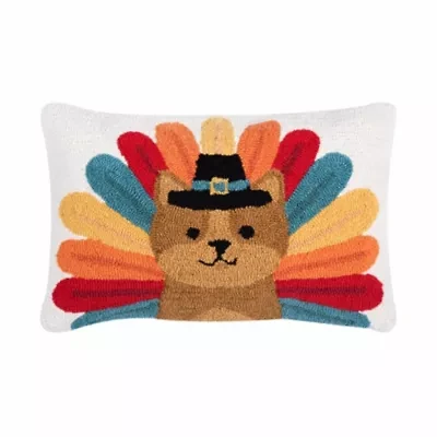 22" x 14" Turkey Cat Hooked Throw Pillow