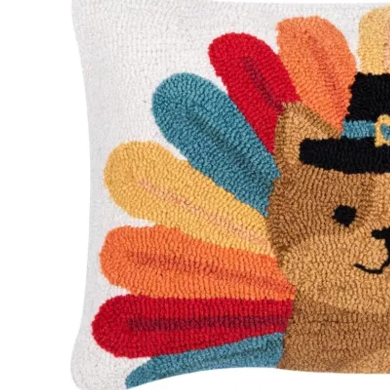 22" x 14" Turkey Cat Hooked Throw Pillow