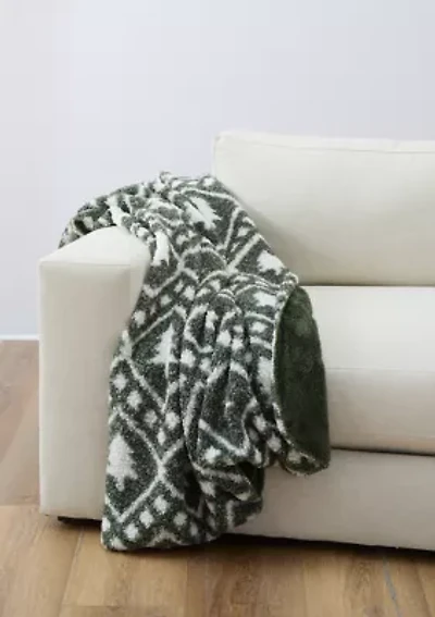 Olive Green Printed Teddy Wool Throw Blanket