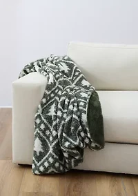 Olive Green Printed Teddy Wool Throw Blanket