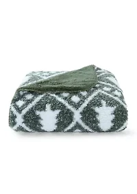 Olive Green Printed Teddy Wool Throw Blanket
